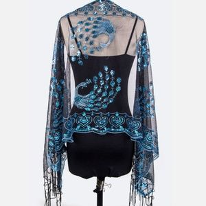 Scarf - Sequins Peacock Fringe Lace Blue